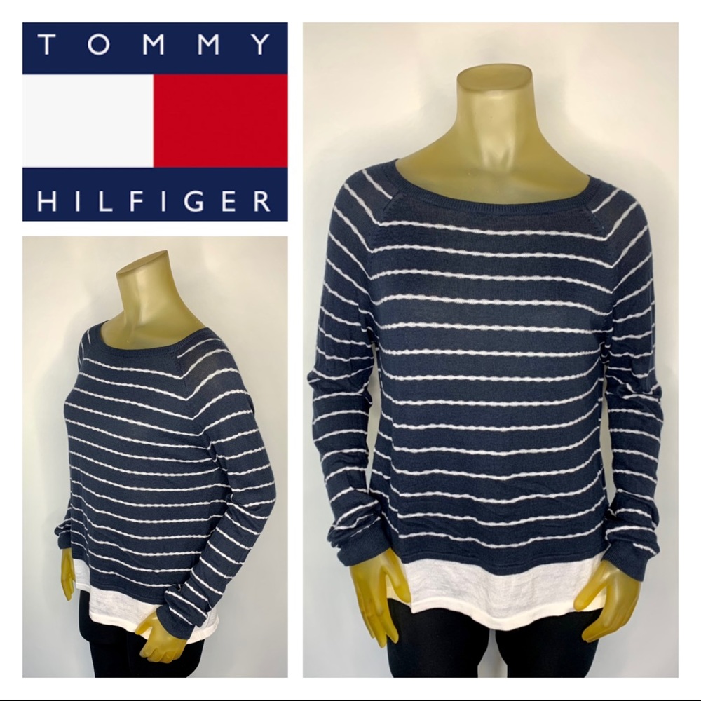 TOMMY HILFIGER Navy Blue White Knit Thin Sweater M